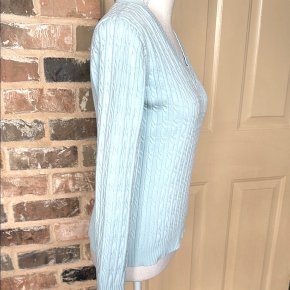 Van Heusen Light Blue Classic Cable Knit Sweater Cotton Ribbed V-Neck Cuffs Hem - Picture 12 of 13
